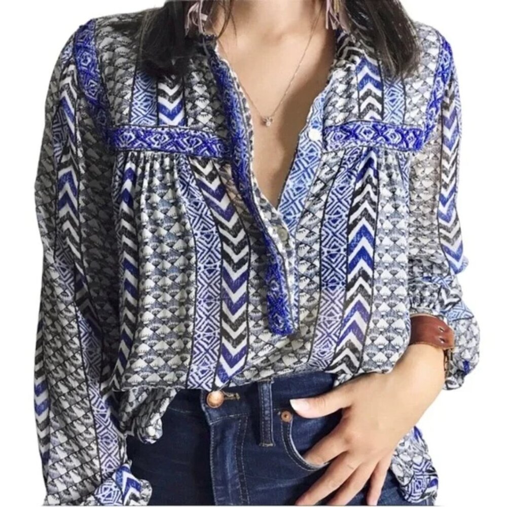 Lucky Brand Blue Beaded Aztec Chevron Blouse Sz 3X